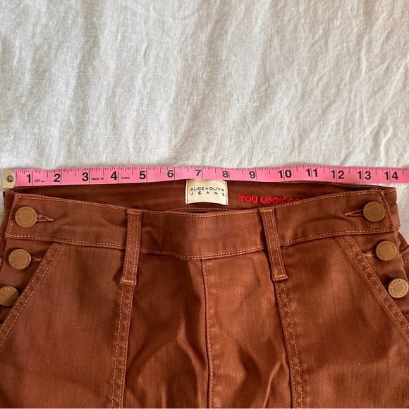 Alice + Olivia Donald Coated Skinny Jeans High Rise Waist Button Chocolate 30 - Picture 2 of 16